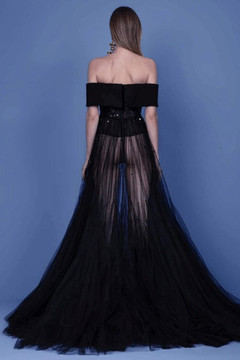 Off Shoulder Crepe Collar Beaded Tulle Gown Off Shoulder Crepe Collar Beaded Tulle Gown