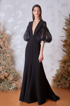 Plunging Neck Puff Sleeve Gown