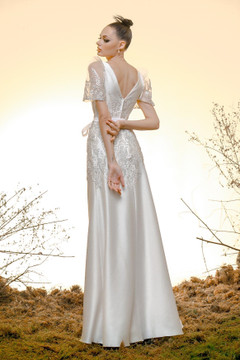 Short Sleeve Silk Gazar and Lace Gown