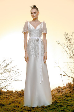 Short Sleeve Silk Gazar and Lace Gown