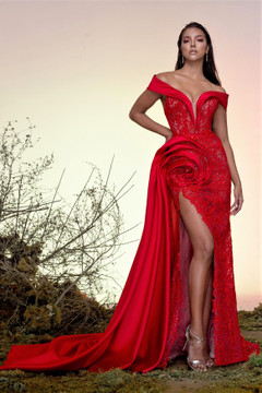 Silk Gazar and Lace Slit Gown