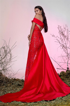 Silk Gazar and Lace Slit Gown Silk Gazar and Lace Slit Gown