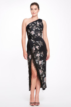 One-Shoulder Floral Midi Dress with Cape One-Shoulder Floral Midi Dress with Cape