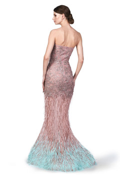 Feathered Slit Gown with Cape