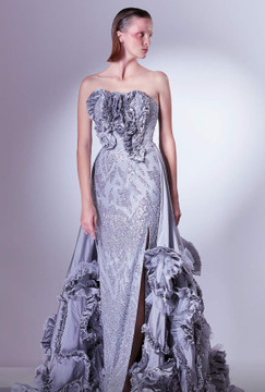 Embellished Ruffled Slit  Gown
