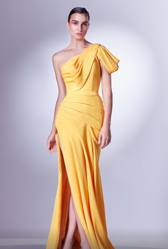 Ruffled  One Shoulder Draped Slit Gown