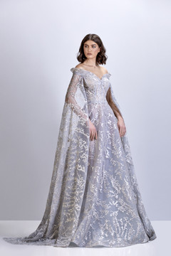 Beaded Tulle Gown with Cape Sleeves