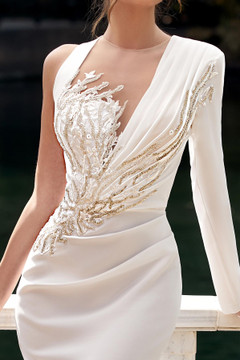 One Long Sleeve Sequin Embroidered Gown One Long Sleeve Sequin Embroidered Gown