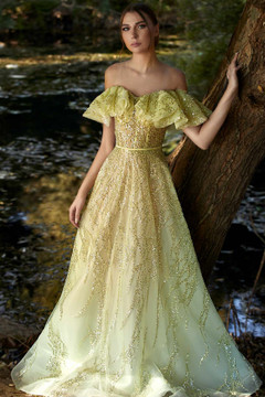 Off Shoulder Ruffled Sequin Gown Off Shoulder Ruffled Sequin Gown