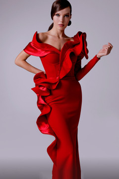 Ruffled Structure Red Gown