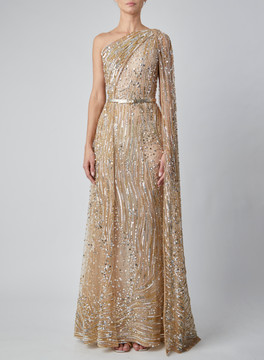 Gold Beaded One Shoulder Gown