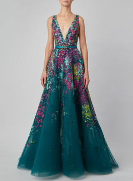 Sleeveless Beaded Belted Gown
