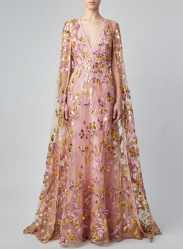 Embroidered and Sequin Long Sleeve Gown