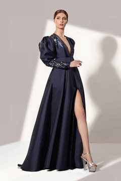 Long Sleeve Deep V Ball Gown