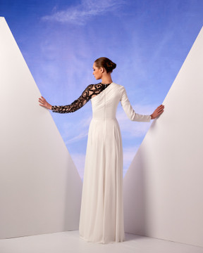 White Crepe and Black Lace Gown White Crepe and Black Lace Gown