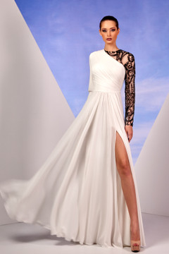 White Crepe and Black Lace Gown