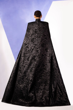 Caped Black Jacquard Gown