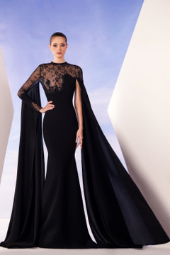 Cape Sleeve Lace Crepe Gown Cape Sleeve Lace Crepe Gown