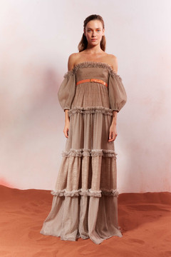 Mixed Lace Off The Shoulder Ruffled Gown Mixed Lace Off The Shoulder Ruffled Gown