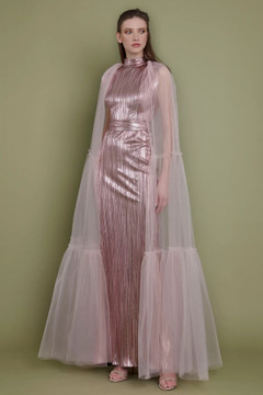 Metallic Pleated Cape Gown