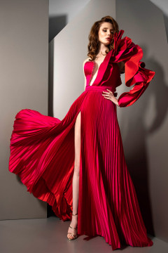 Ruffled Sleeved Pleated Slit Gown