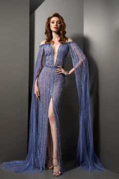 Plunging Neck Off Shoulder Slit Gown Plunging Neck Off Shoulder Slit Gown
