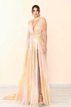 Sleeveless Pleated Slit Gown Sleeveless Pleated Slit Gown