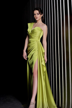 One Shoulder Gathered Slit Gown