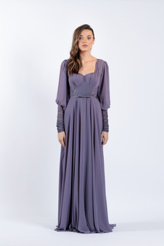 Long Sleeve- Pleated Chiffon  Gown