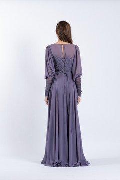 Long Sleeve- Pleated Chiffon  Gown