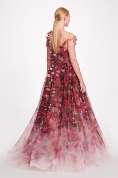 Printed Textured Organza Ball Gown