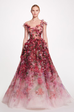 Printed Textured Organza Ball Gown