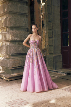 Embroidered Strapless Tulle  Gown