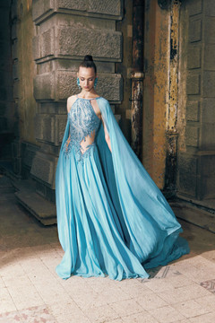 Embroidered Mousseline Gown with Asymmetrical Cape