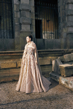 Embroidered Tulle Gown  with Cape