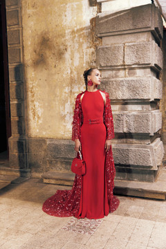 Crepe Marocain Gown with Tulle Cape