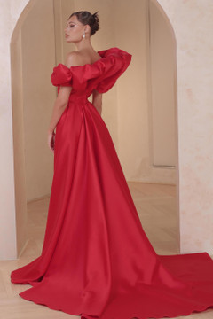 Off Shoulder Slit Gown with Detachable Train