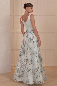 V-Neck Gown with Pleated Floral Skirt V-Neck Gown with Pleated Floral Skirt