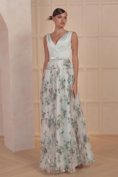 V-Neck Gown with Pleated Floral Skirt V-Neck Gown with Pleated Floral Skirt