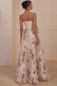 Cut-Out Bodice Gown with Pleated Floral Skirt Cut-Out Bodice Gown with Pleated Floral Skirt