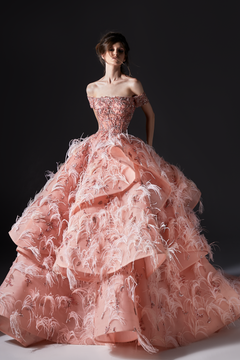 Beaded and Feathered Off Shoulder Ball Gown