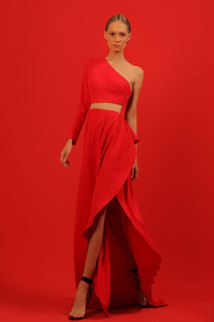 One Shoulder Long Sleeve Crepe Gown One Shoulder Long Sleeve Crepe Gown