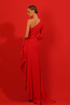 One Shoulder Long Sleeve Crepe Gown