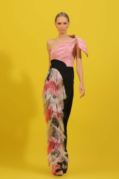 Crepe and Feather One Shoulder Gown Crepe and Feather One Shoulder Gown