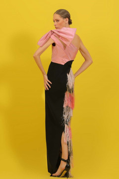 Crepe and Feather One Shoulder Gown