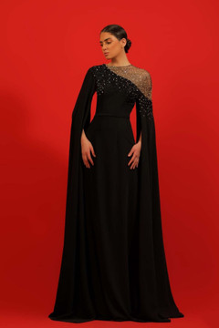 Crepe and Embroidered Cape Sleeve Gown