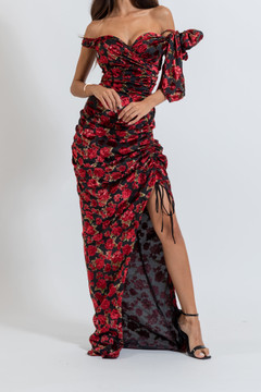 Velvet Off Shoulder Floral Gown