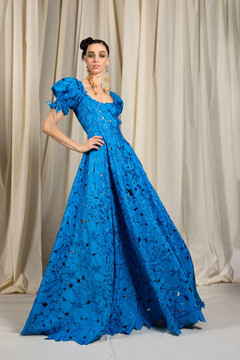 Floral Laser-Cut Puff Sleeve Gown