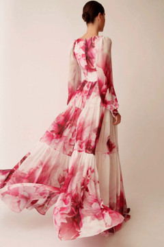 Long Sleeve Floral Pleated A-Line Gown