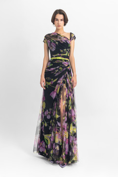 Floral Asymmetrical Tulle Gown